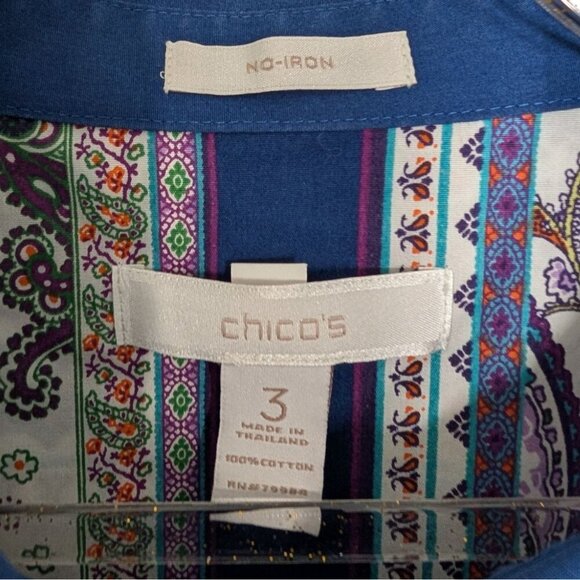 Chicos 3 Paisley No Iron Shirt Womens Size XL Blue Floral Window Pane Button Up - Picture 4 of 9
